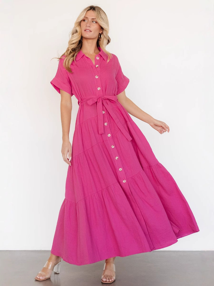 Women Solid Patchwork Bat Short Sleeve Shirt Dress 8