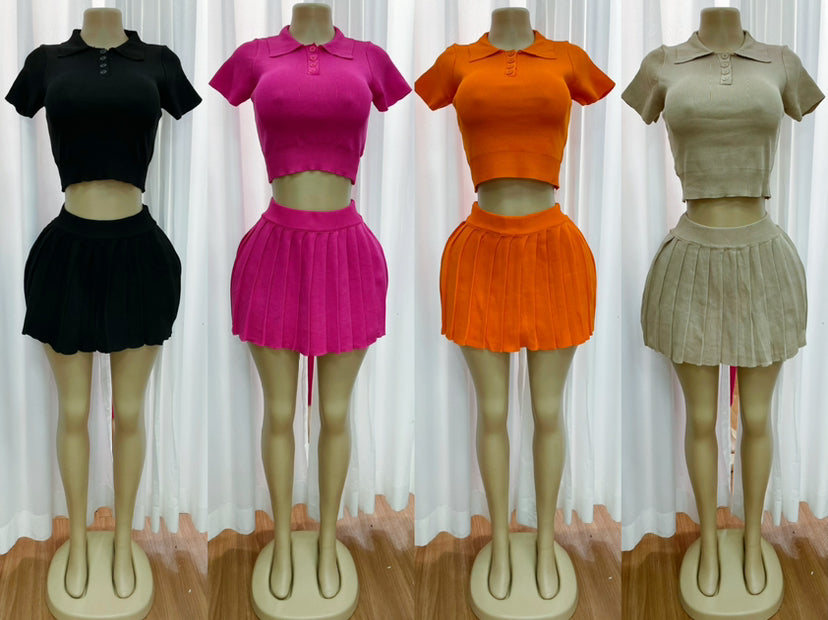 Women's Fashion Summer Knitting Turndown Collar Short Sleeve Top Pleated Skirt Two-Piece Set 8