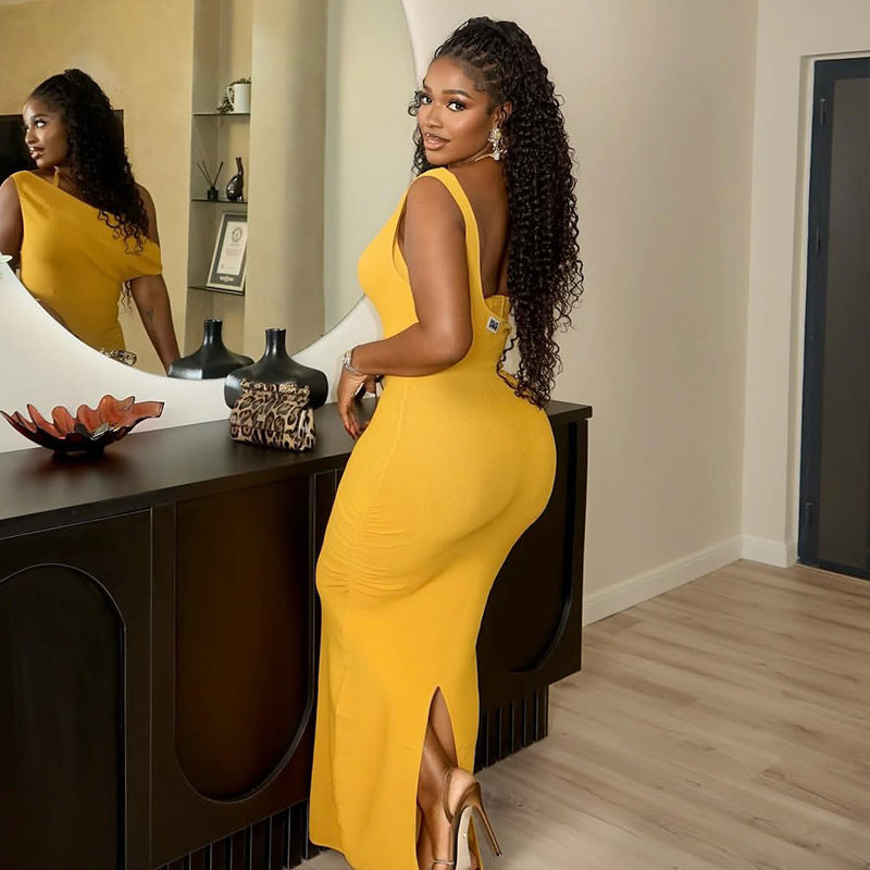 Women's Chic Elegant Halter-Neck Low-Back Solid Color Slit Maxi Dress 6