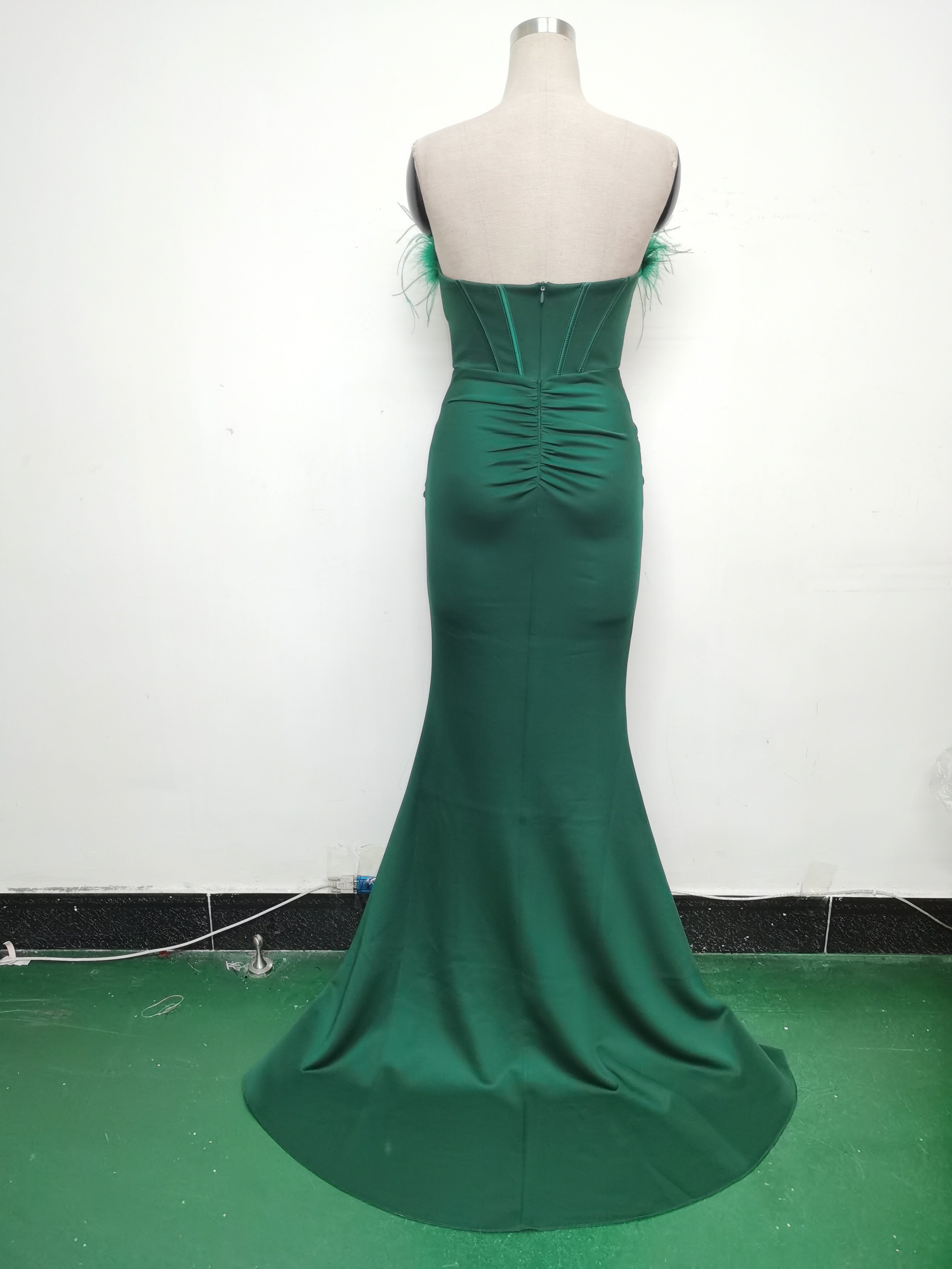 Feather Strapless Herringbone Slim Waist Solid Color Slit Evening Dress 19