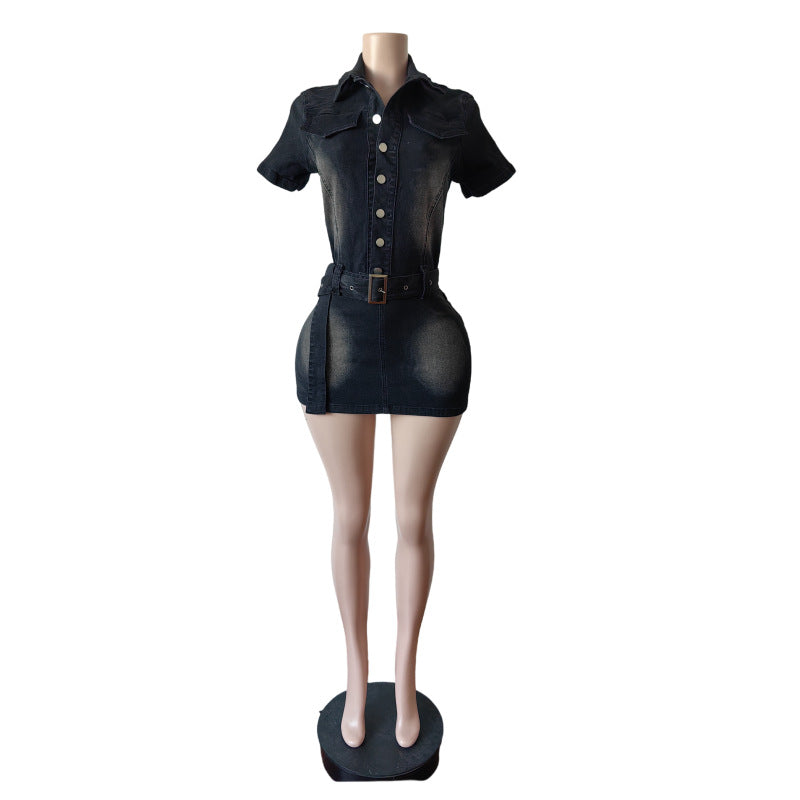 Spring Short-Sleeved Slim Stretch Fashion Denim Dress 5