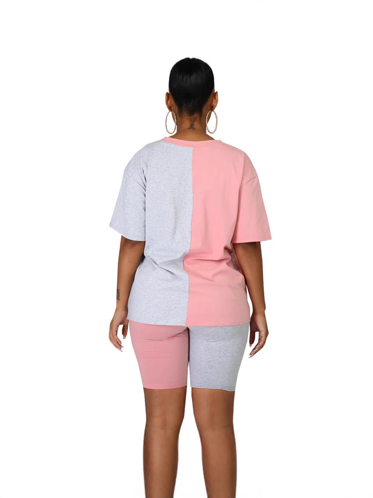 Women Summer Casual Color Block Round Neck Top and Shorts Two-piece Set 5