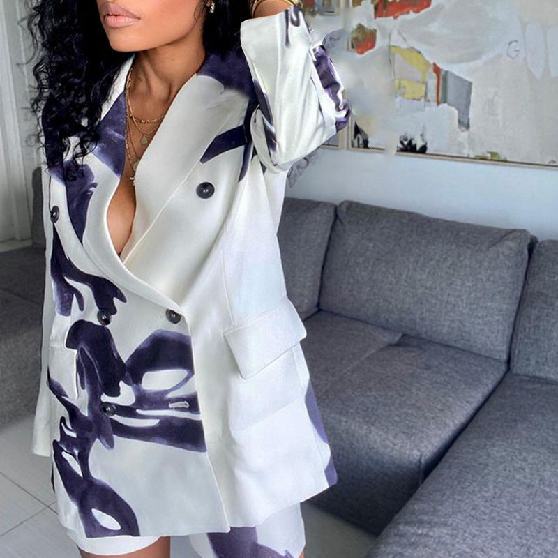 Women Fall/Winter Printed Blazer and Shorts Two-Piece Set 3