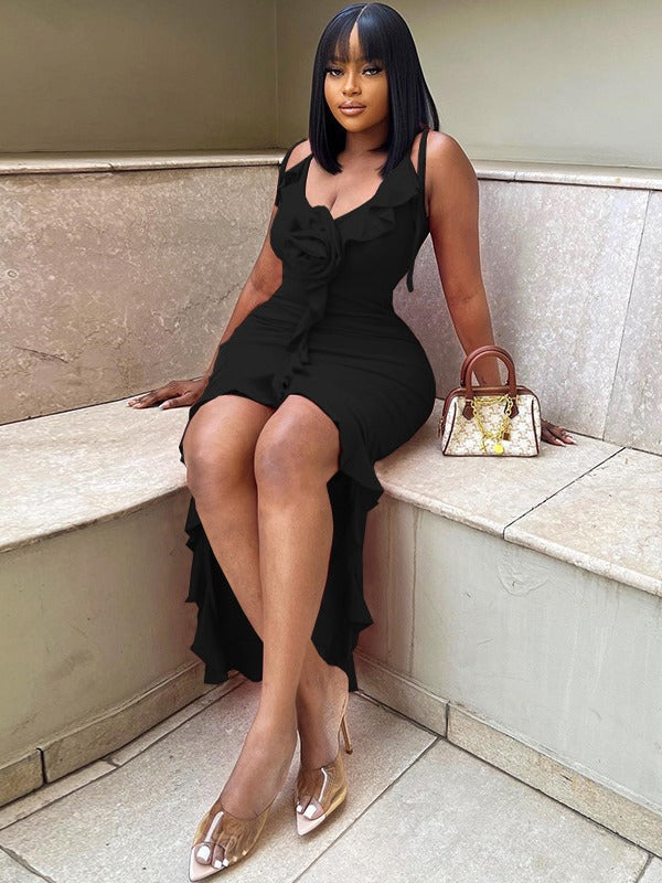 Women's Solid Color Sexy Sleeveless Strap Flower Irregular Trendy Dress 7