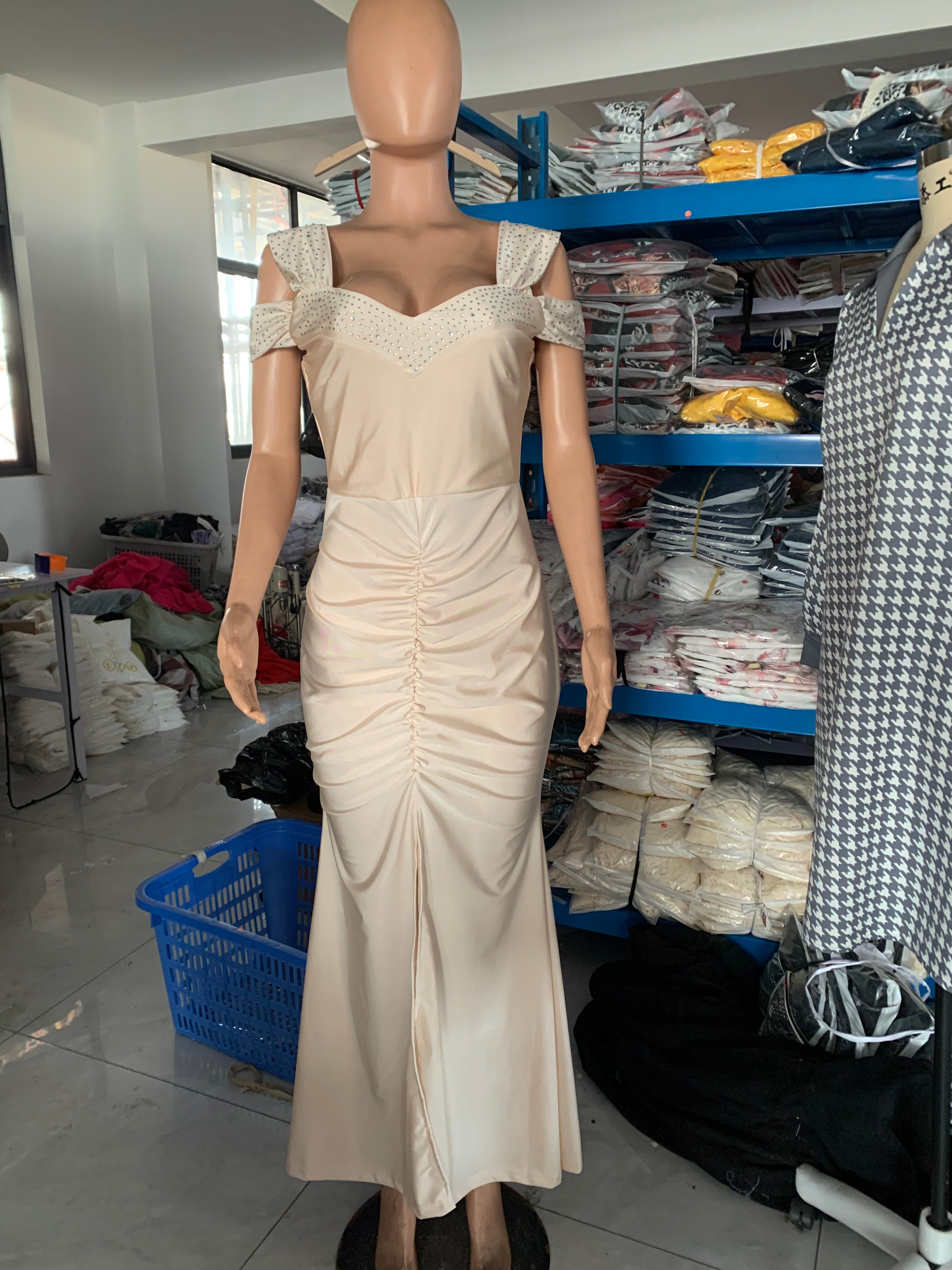 Women Elegant Beaded Off-Shoulder High-Waist Slit Bodycon Dress 11