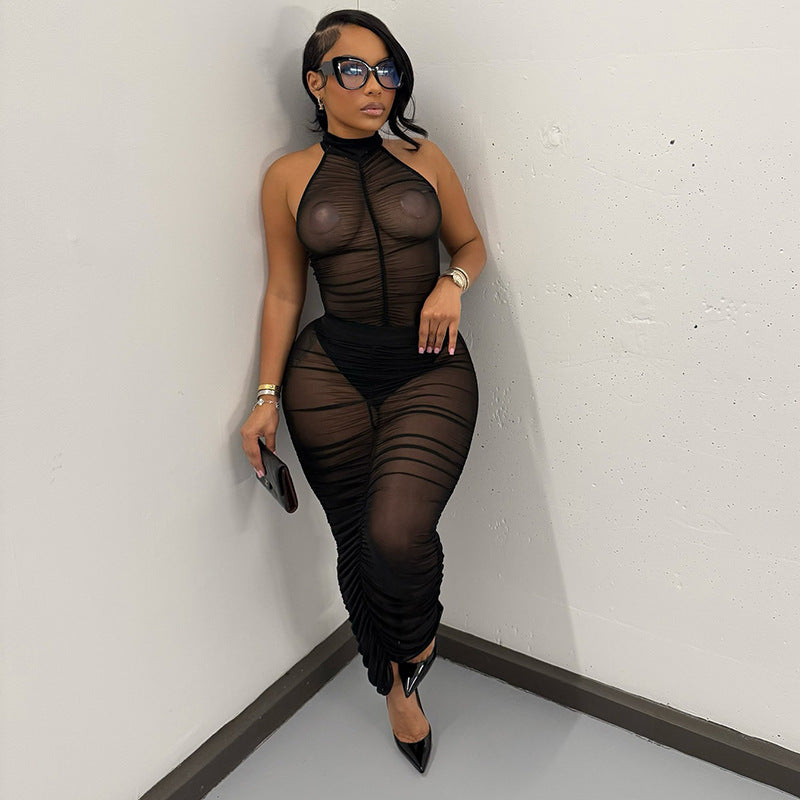 Spring Summer Women's Mesh See-Through Halter Neck Bodysuit Gathered Bodycon Skirt Set 7
