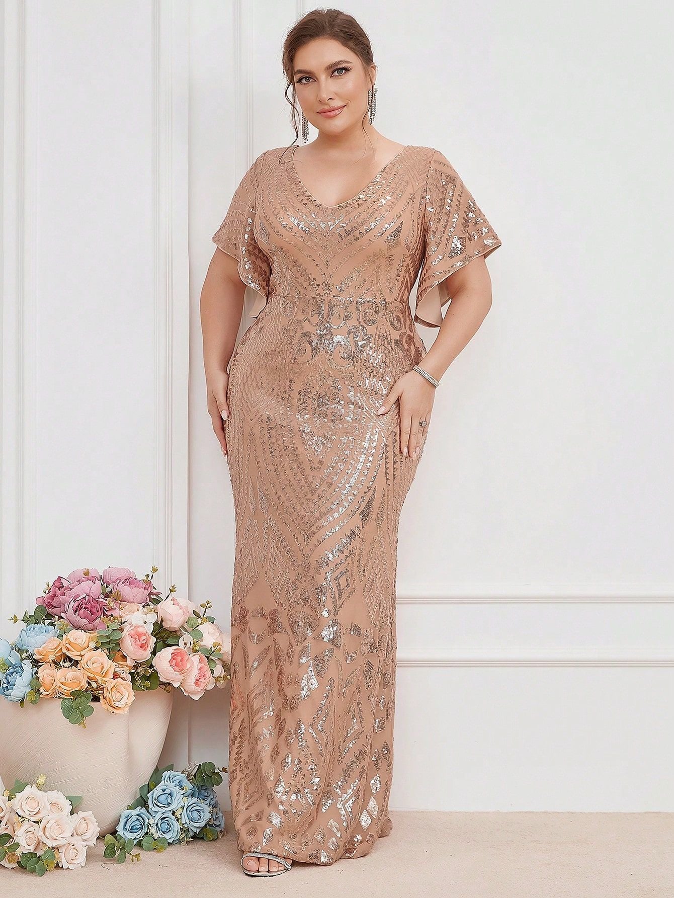 Women Formal Party Elegant Gold Sequin Bodycon Evening Dress 5