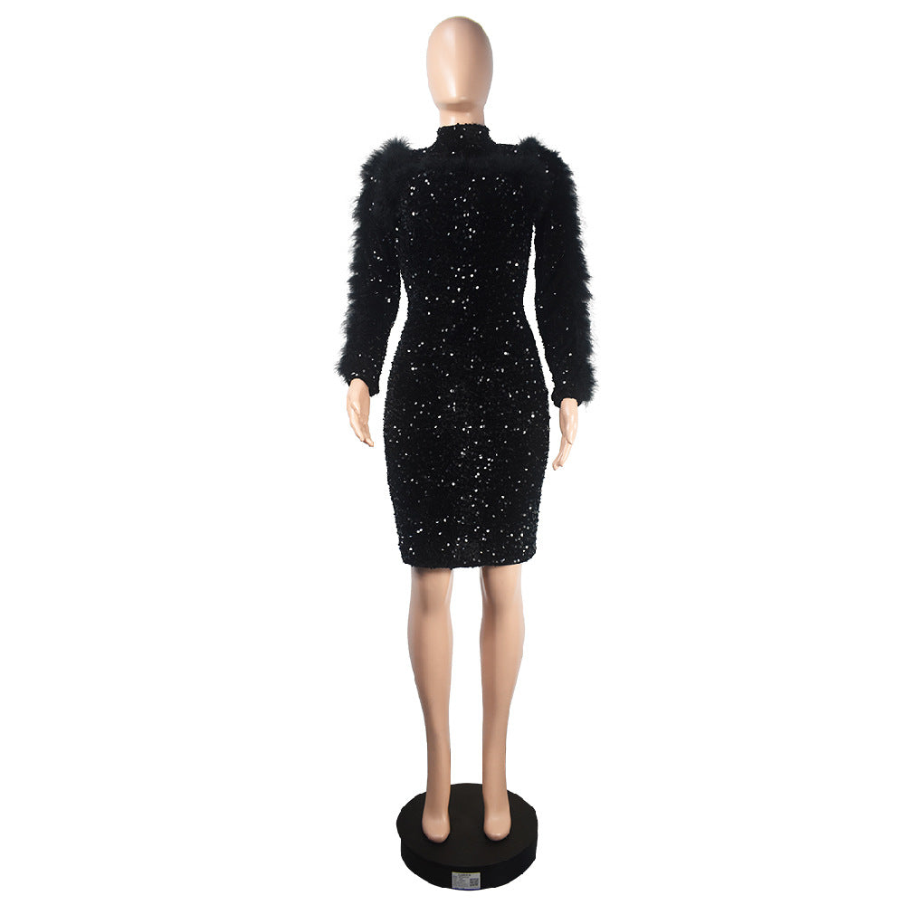 Women Cutout Long Sleeve Feather Sequin Bodycon Dress 19