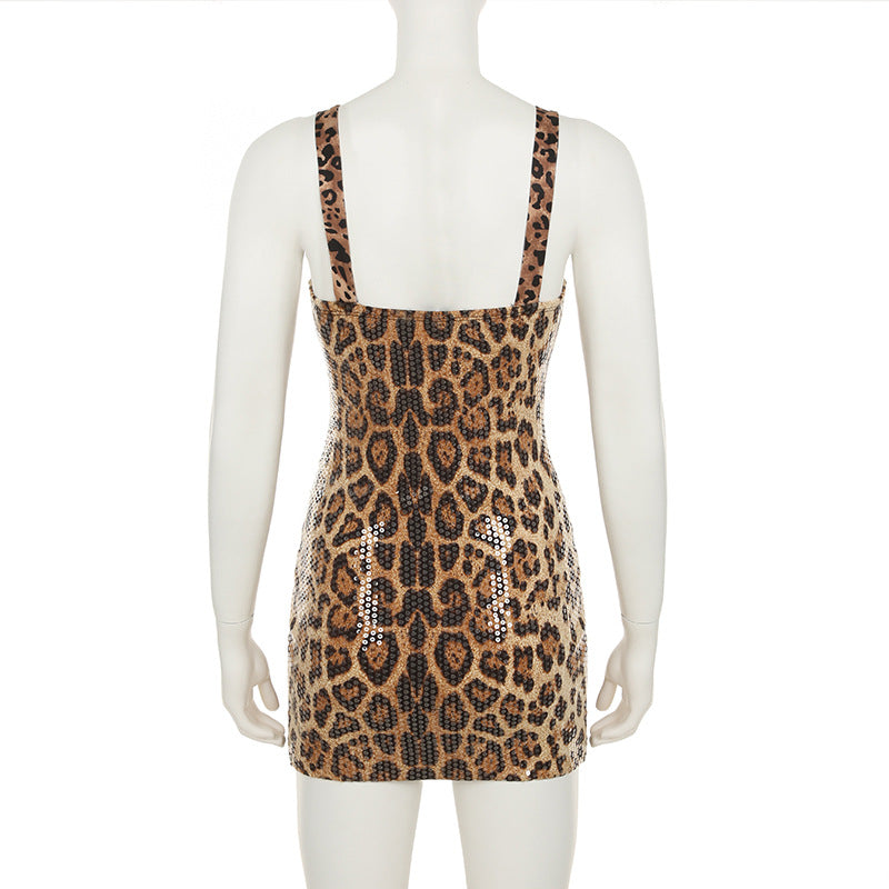 Women Spring Summer Leopard Sequin Sleeveless Strap Slim Bodycon Dress 6