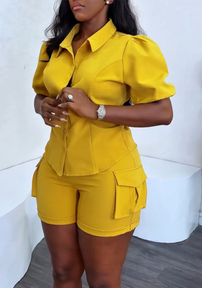 Women's Solid Color Puff Sleeve Shirt Pocket Detail Elastic Waist Shorts Career Casual Set
