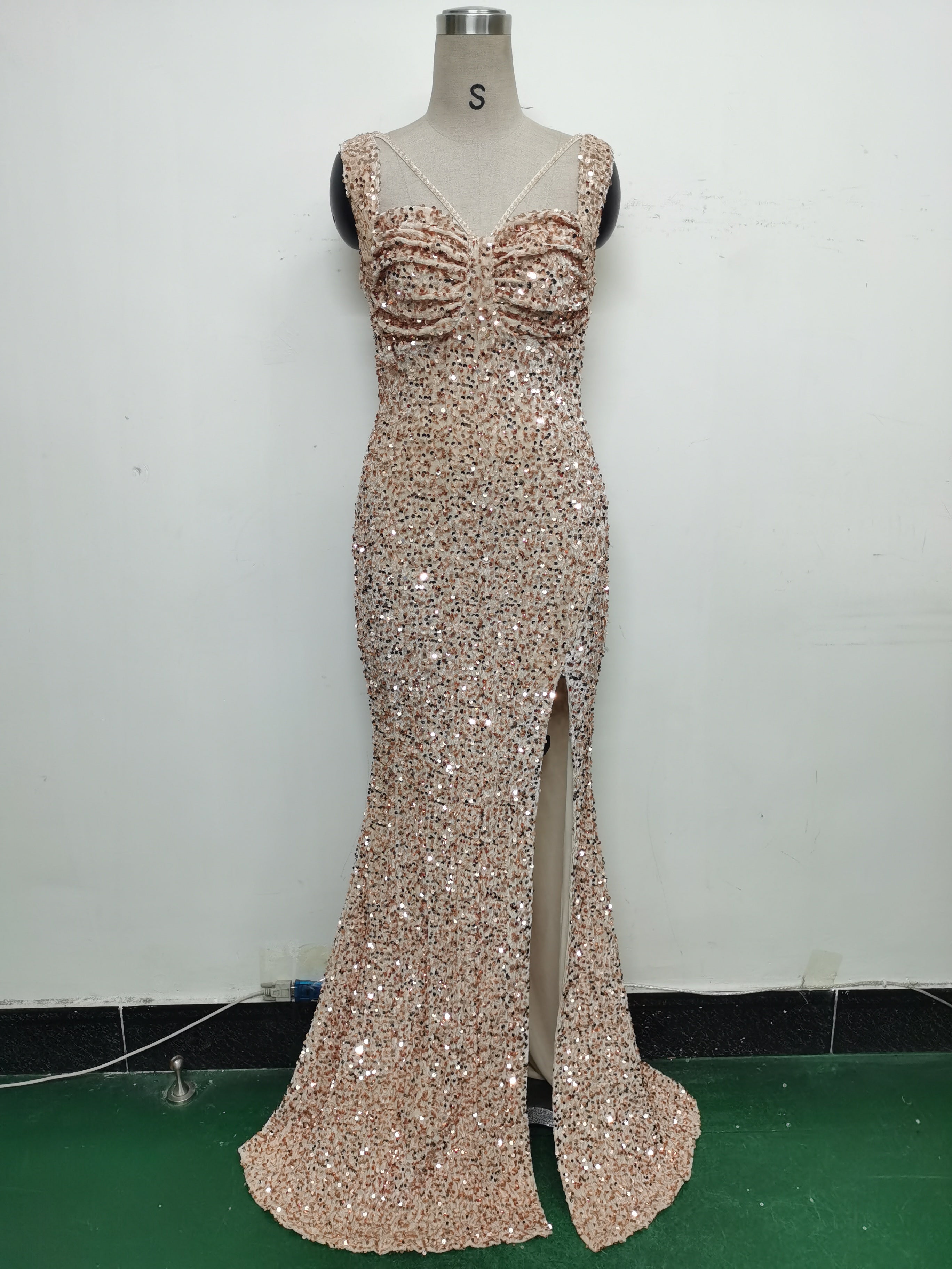 Luxury strap sequined long evening gown 42
