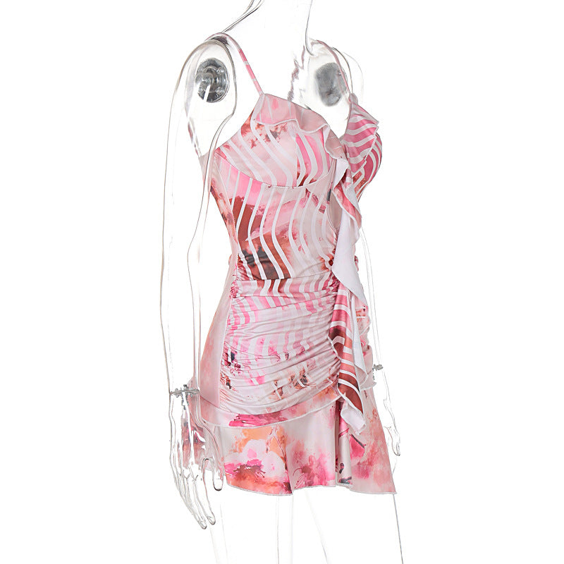 Women summer wave edge suspender sexy print dress 7