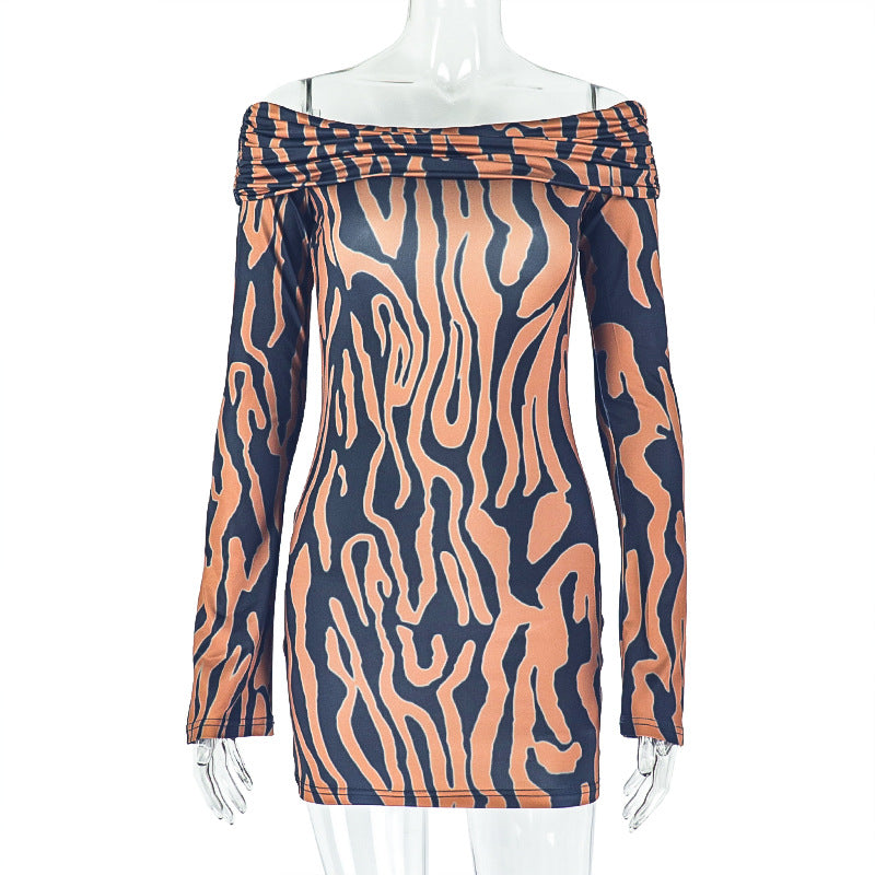 Chic Print Women's Off-Shoulder Long Sleeve Short  odycon Dress 5