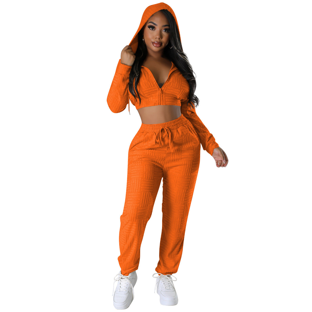 Women's Clothing Fashionable Solid Jacquard Zipper Hoodie Sweatpants Two-Piece Set 7