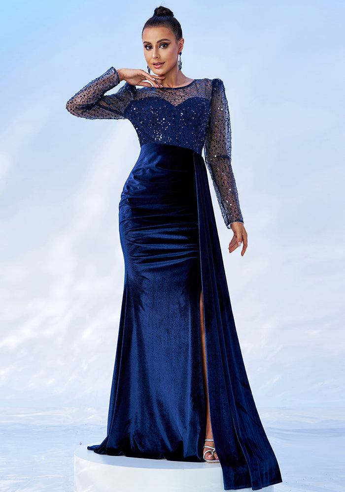 Long Sleeve Round Neck Sexy Long Mesh Sequin Formal Party Fishtail Evening Gown Bridesmaid Dresses