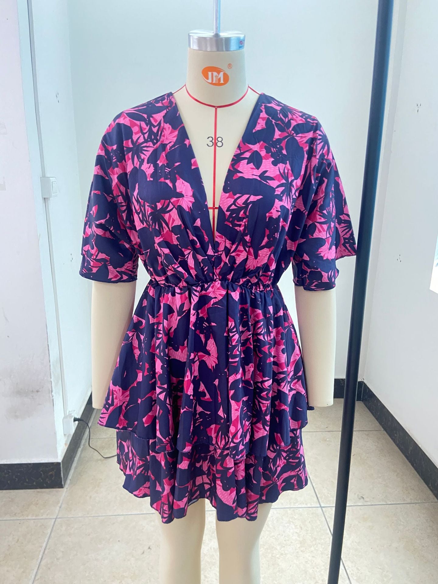 Autumn V-Neck Loose Bat Sleeves Print Dress Women's Clothing 25