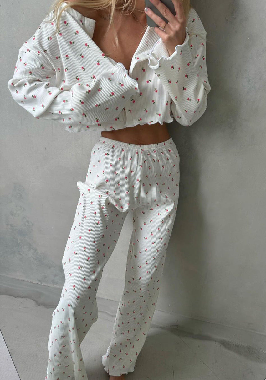 Women fall casual floral print long-sleeved top and pants Pajama set 3