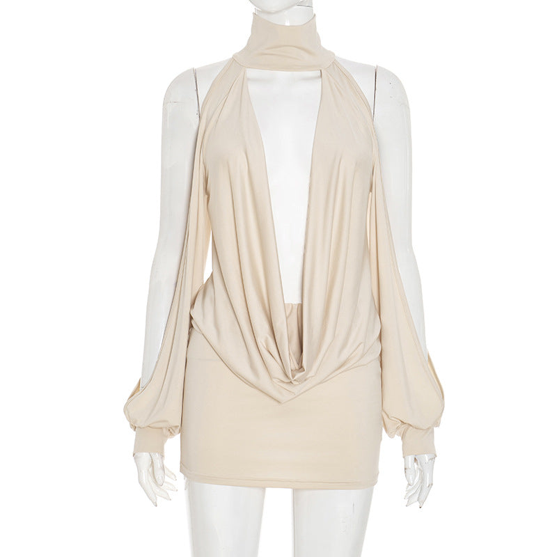 Women's Autumn Solid Color Sexy Draped Neck Halter Neck Hollow Out Long Sleeve Bodycon Short Dress 7