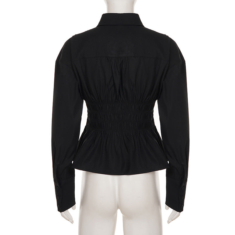 Women Pleated Casual Solid V-Neck Shirt 9