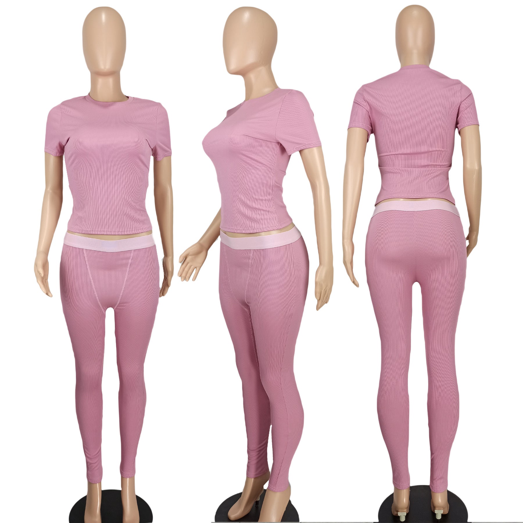 Women Sexy Solid Short Sleeve Top and Pant Two-piece Set 24