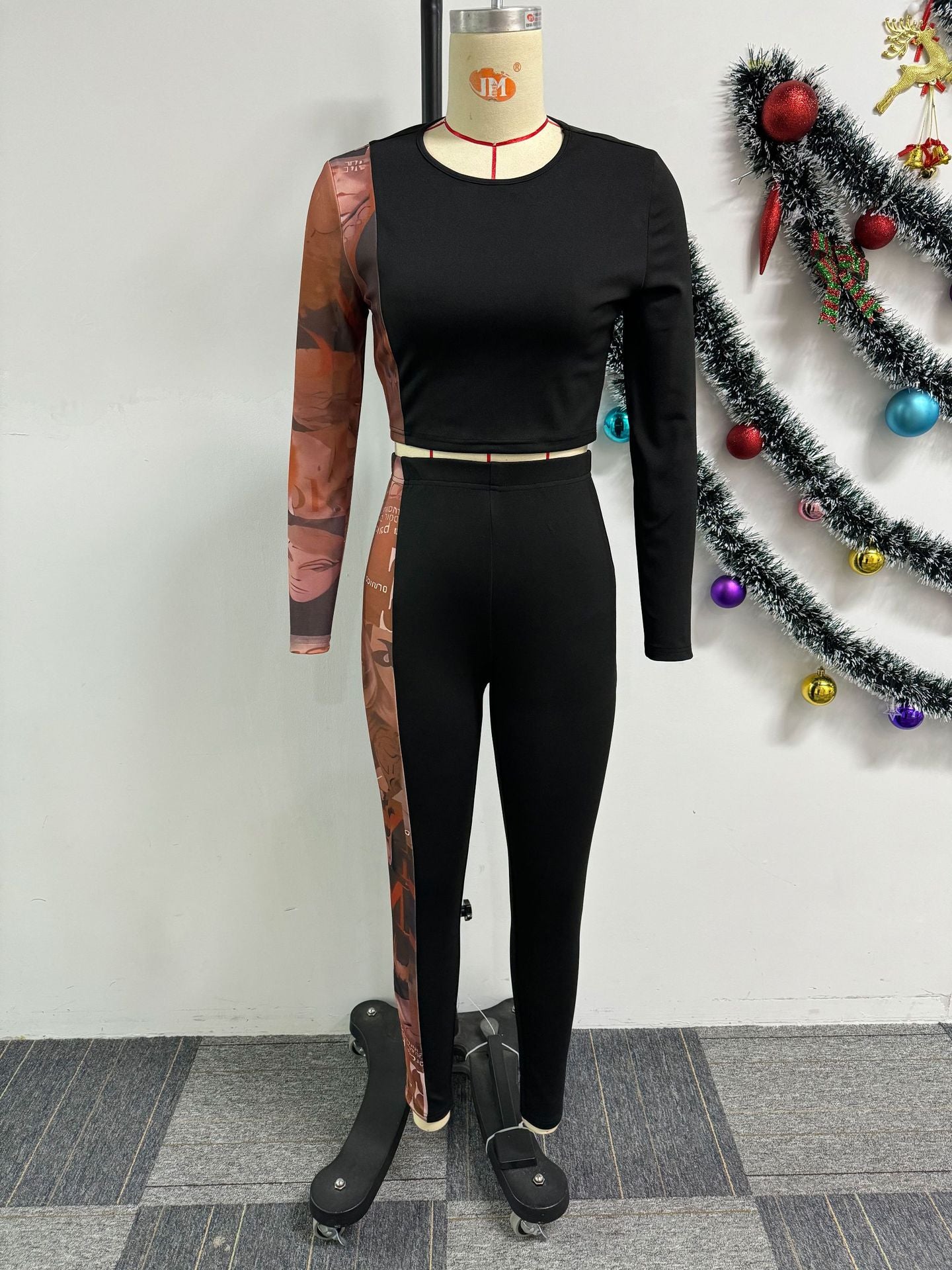 Sexy Printed Patchwork Contrast Slim Fit Long Sleeve Two-Piece pants Set 9