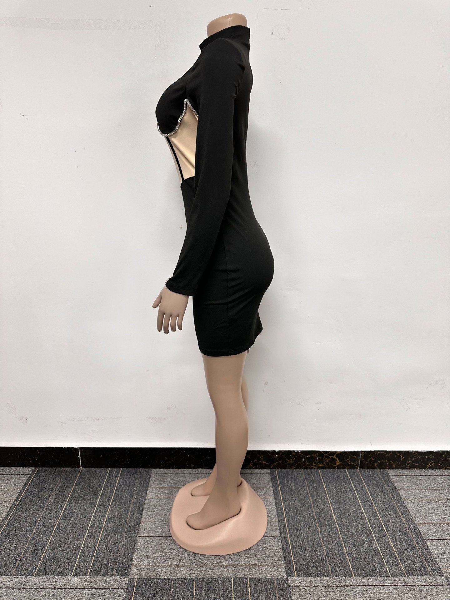 Sexy Rhinstone Patchwork Contrast Slim Waist Long Sleeve Bodycon Dress 12