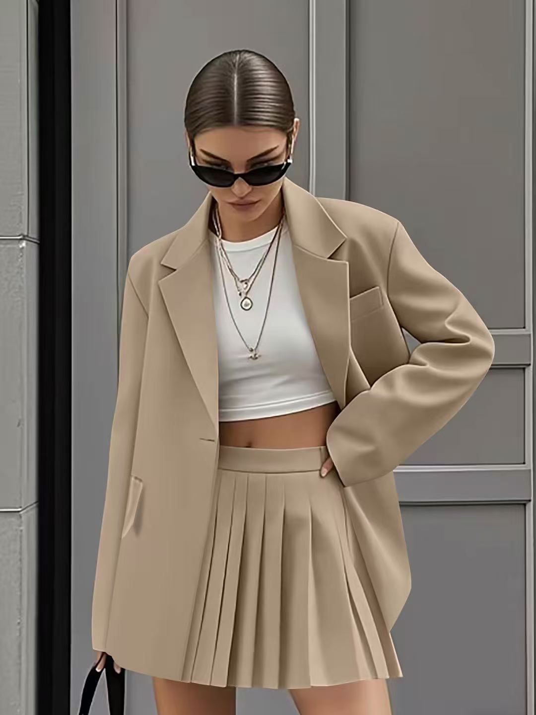 Women Casual Blazer and Pleated Skirt Two-piece Set 6