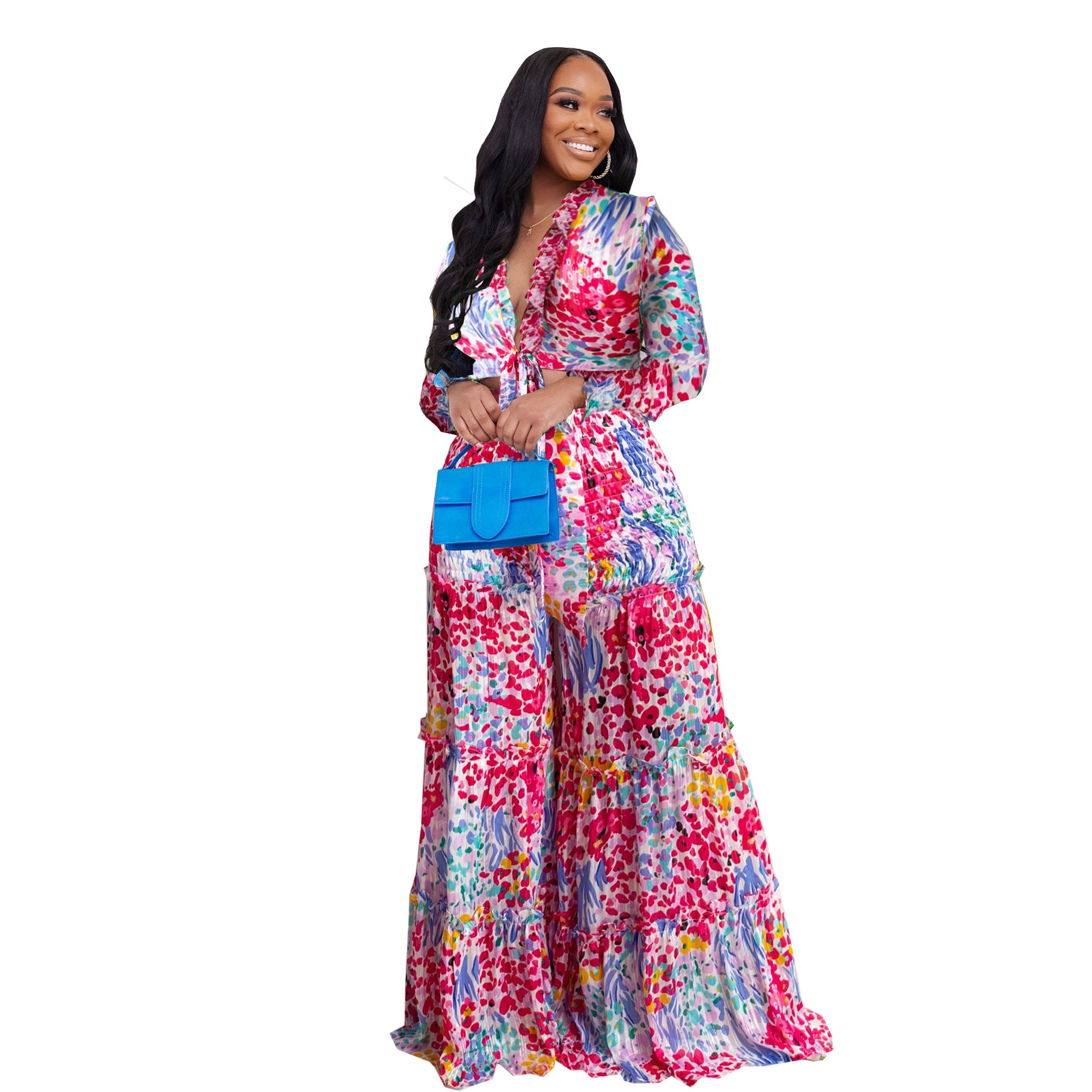 Fashion Color Contrast Printing Chiffon Long Sleeve Tie Blouse Bell Bottom Pants Two-Piece Suit For Women 8