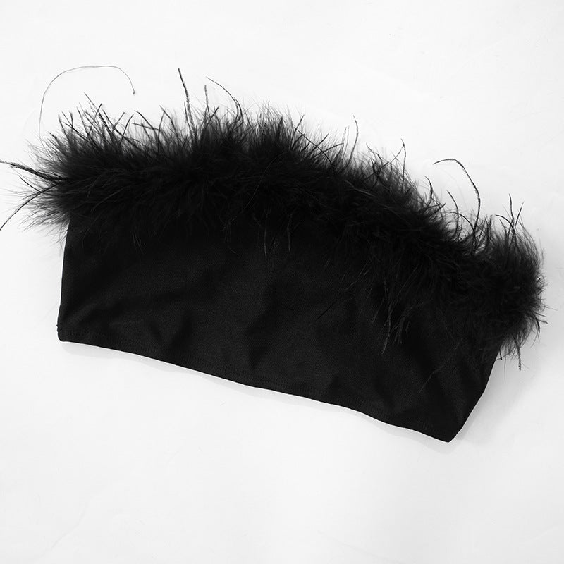 Women Fur Strapless Top and Bell Bottom Pants Two Piece Set 6