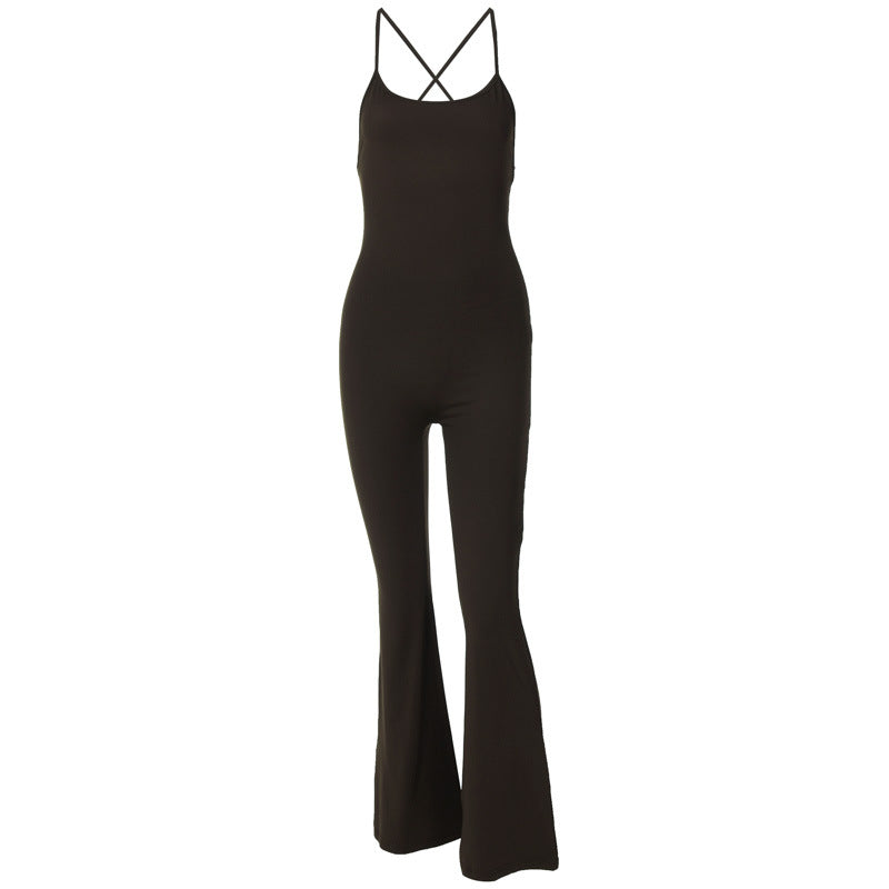 Women Winter Solid Suspender Backless Wide Leg Bell Bottom Jumpsuit 27