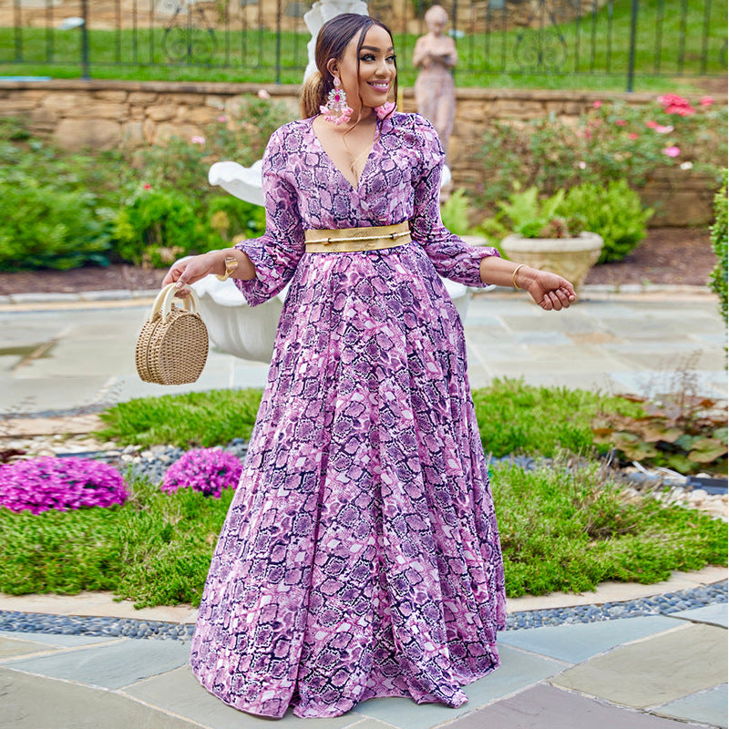 Plus Size Women's Autumn and Winter Sexy Deep V Print Snake Print Dress 6