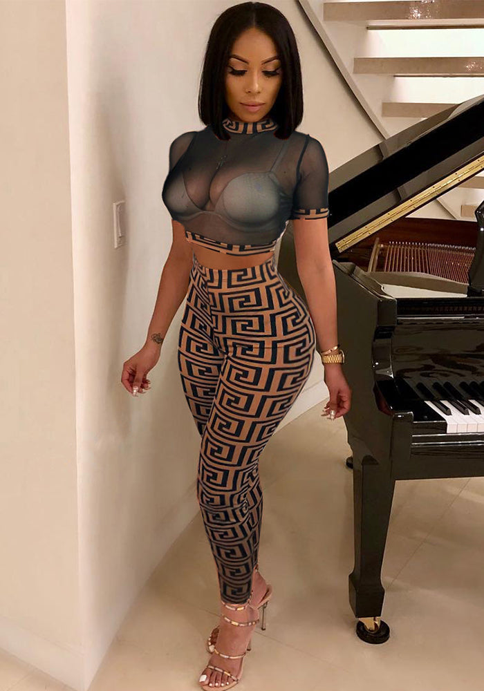 Women summer sexy mesh See-Through Top and Pant two-piece set 4