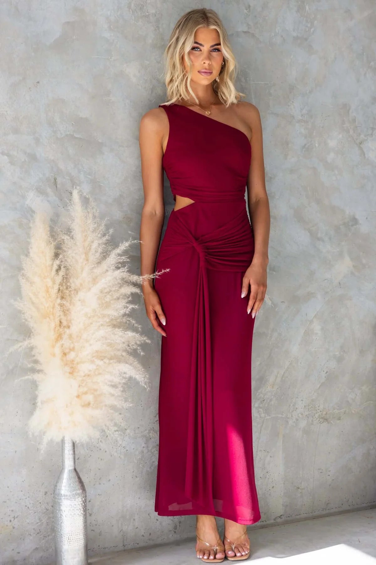 Elegant Chic One-Shoulder Sexy Mesh Tie-Front Long Dress 4