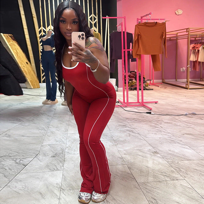 Summer Fashion Low Back Tight Fitting Contrast Color Slim Butt Lift Yoga Casual Jumpsuit for Women 7