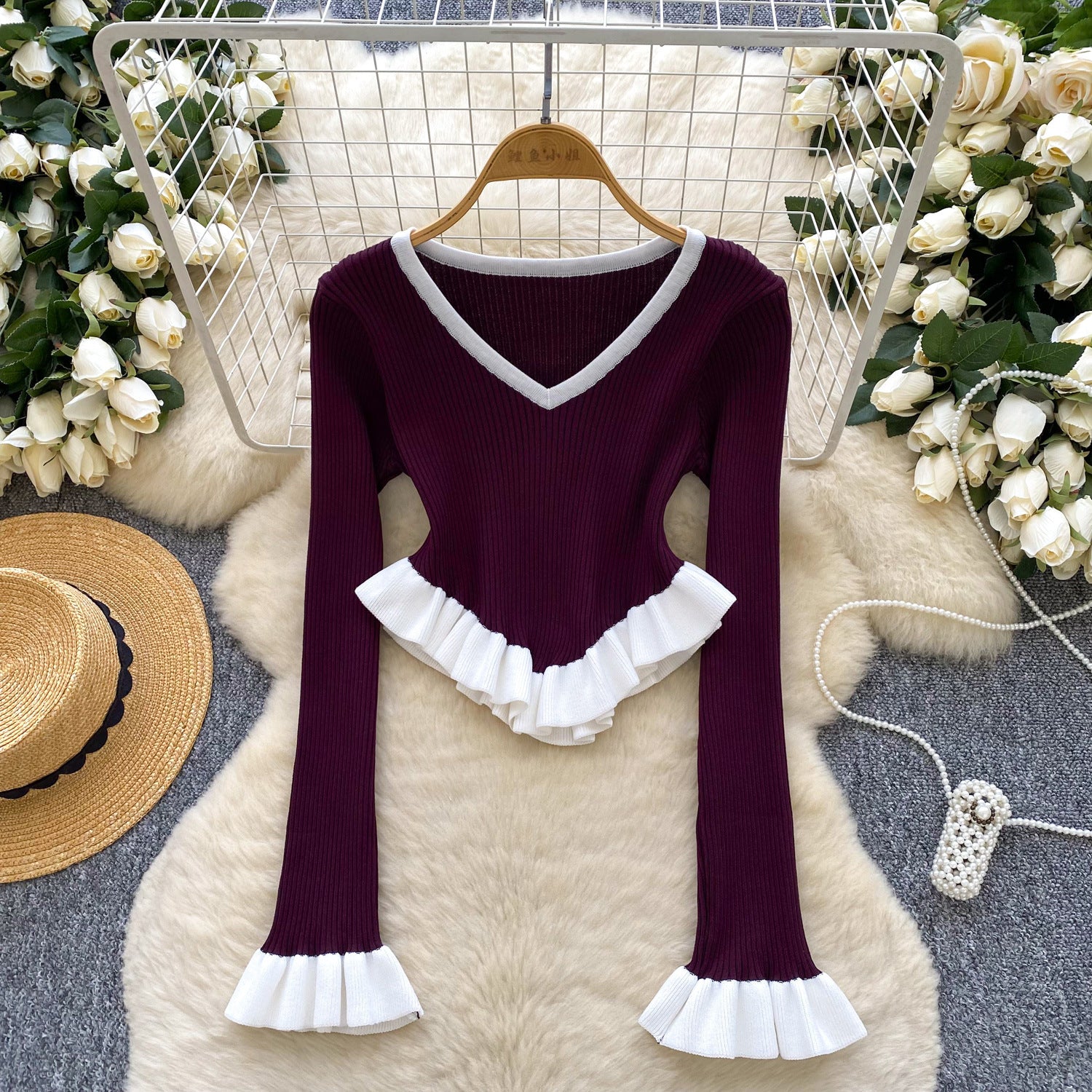 Women contrasting striped knitting autumn ruffled bell bottom sleeve top 17