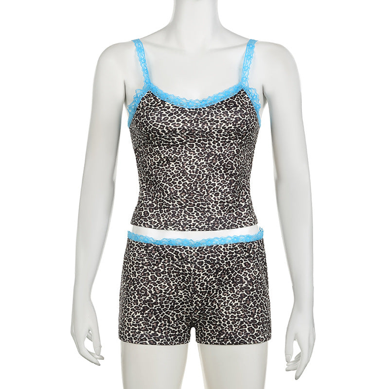 Women Leopard Lace Vest and Shorts Two-piece Set 6