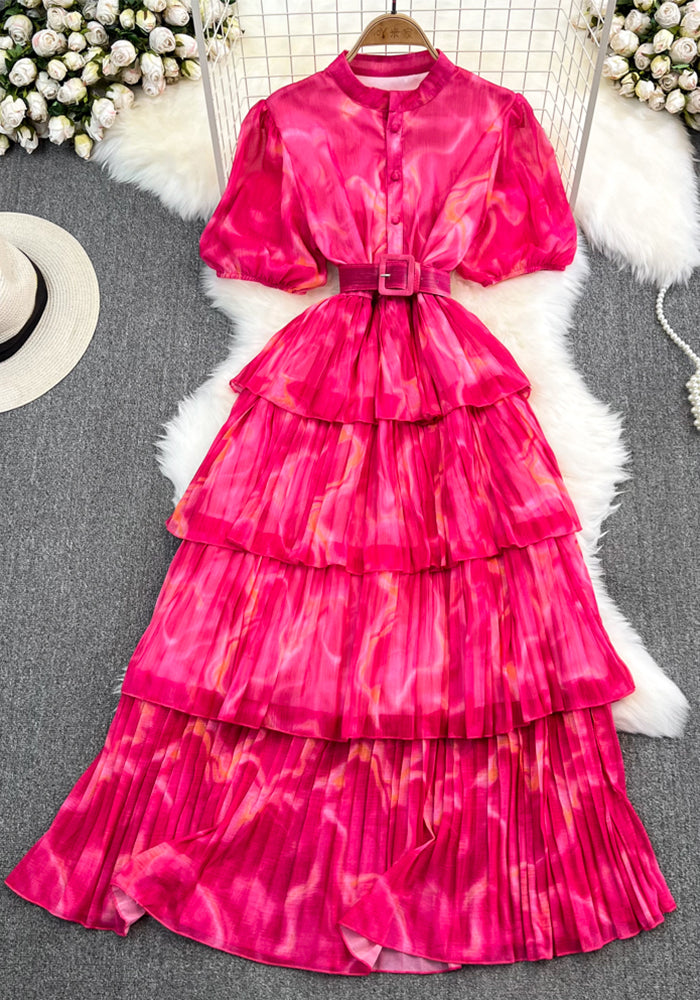 Puff Sleeve Stand Collar Slim Waist Tie-Dye Print A-Line Layer Dress