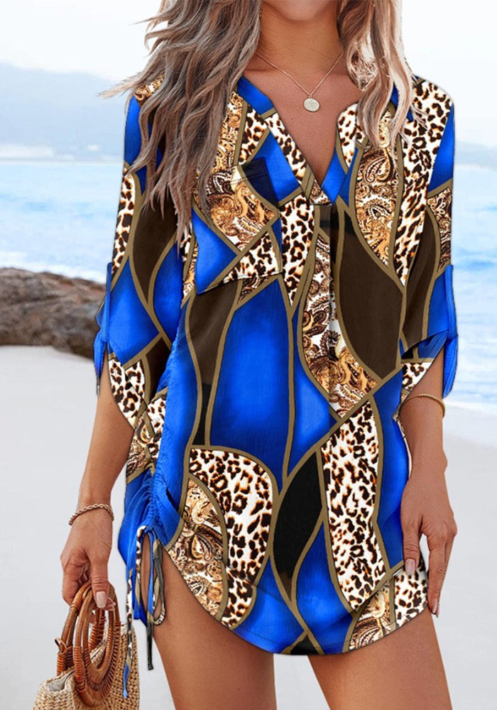 Spring & Autumn Fashion Print V-Neck Side Drawstring Short Dress