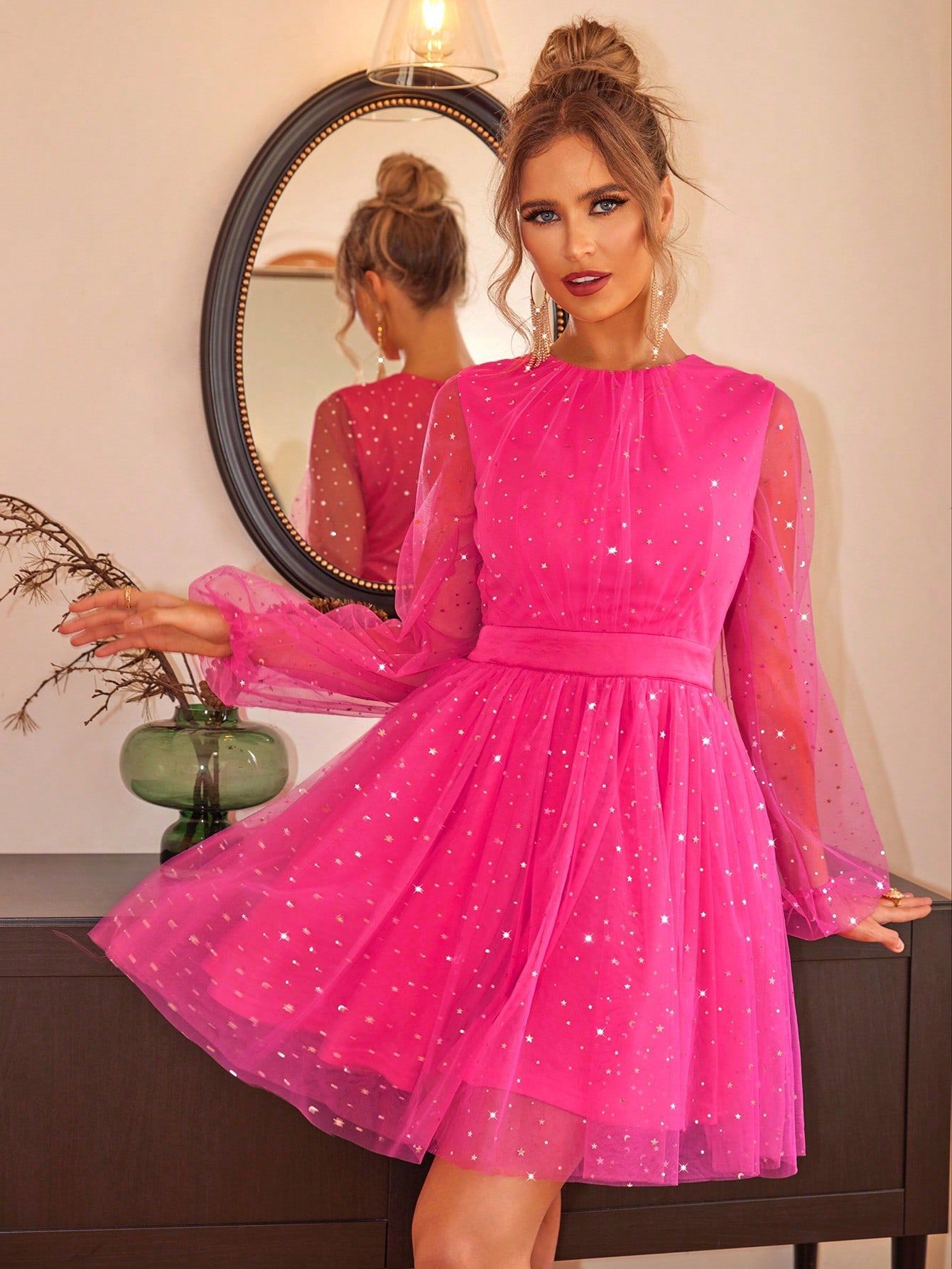 Women Star Print Lantern Sleeve Mesh Layered Dress 3