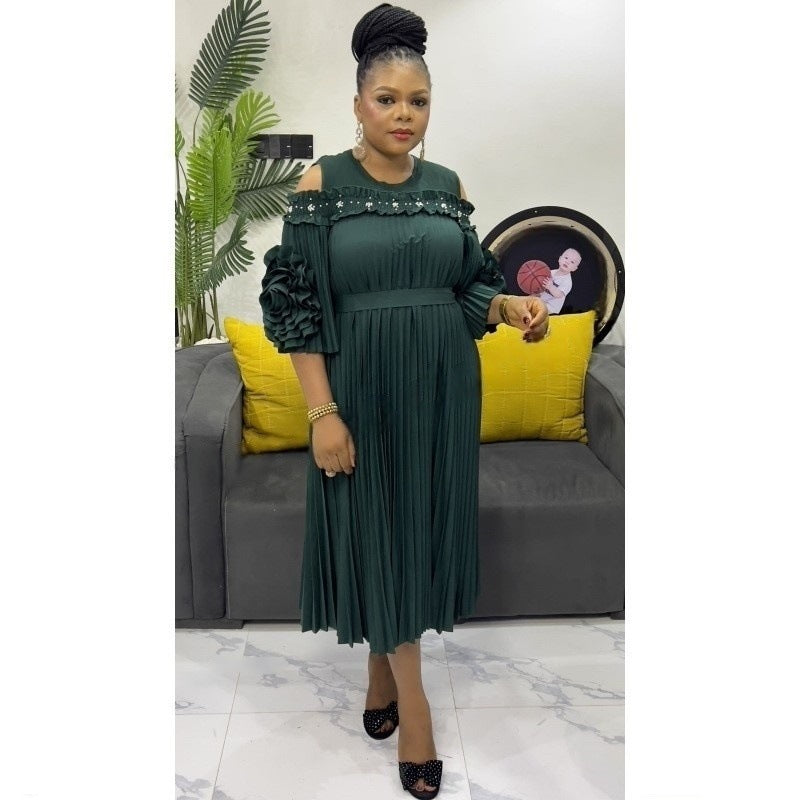 Beaded Cutout-Shoulder Pleated African Chic Loose Dress 11