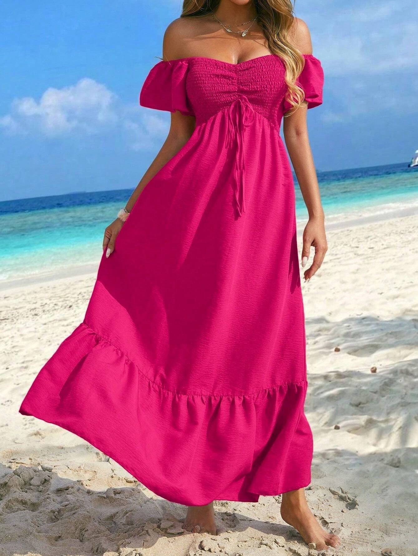 Women Gathered V-Neck Short Sleeve Holidays Dress 3