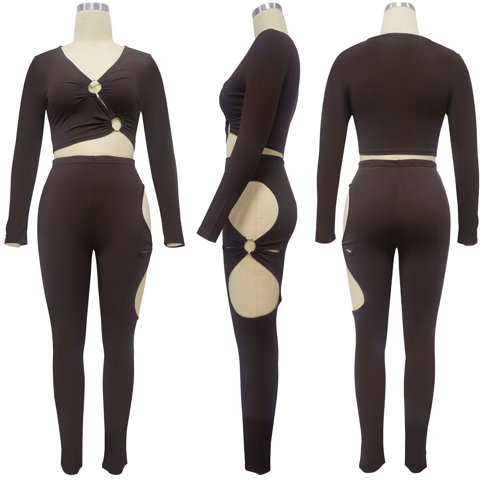 Fashionable Women's Solid Color High-Stretch Ribbed Sexy V-Neck Two-Piece Pants Set 12