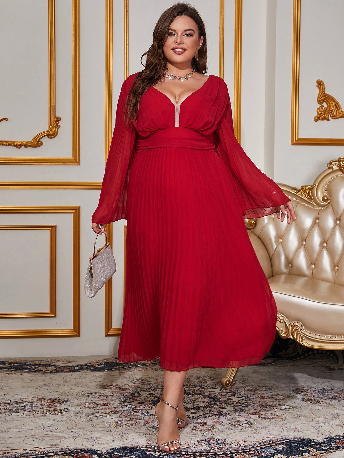 Plus Size Women Pleated V Neck Long Sleeve Chiffon Dress 6