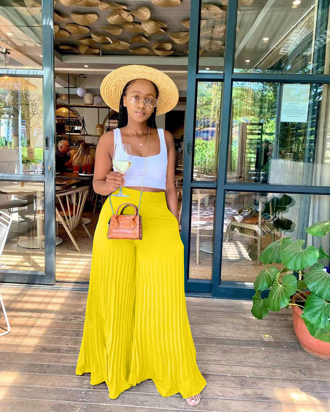 Spring Solid Pleated Wide-Leg Pants