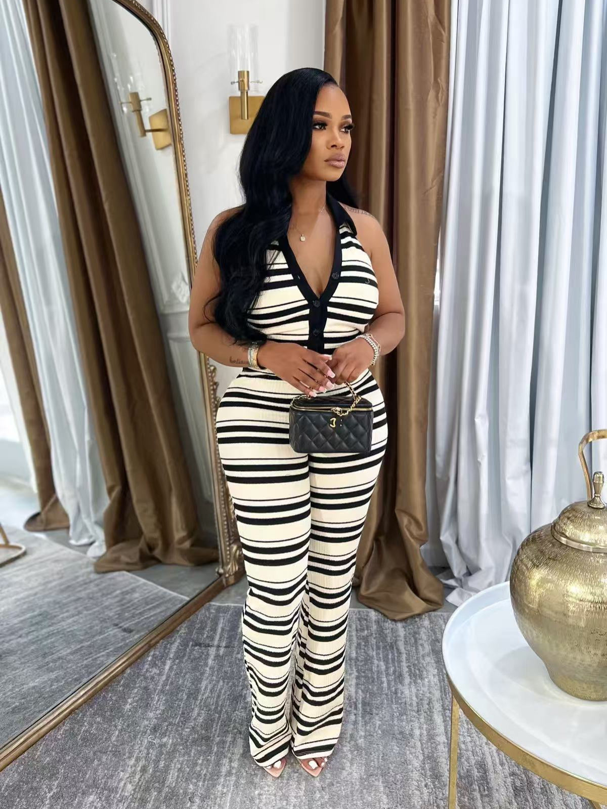 Women Summer Casual Shirt Collar Sleeveless Top and Pants Two-Piece Set 5