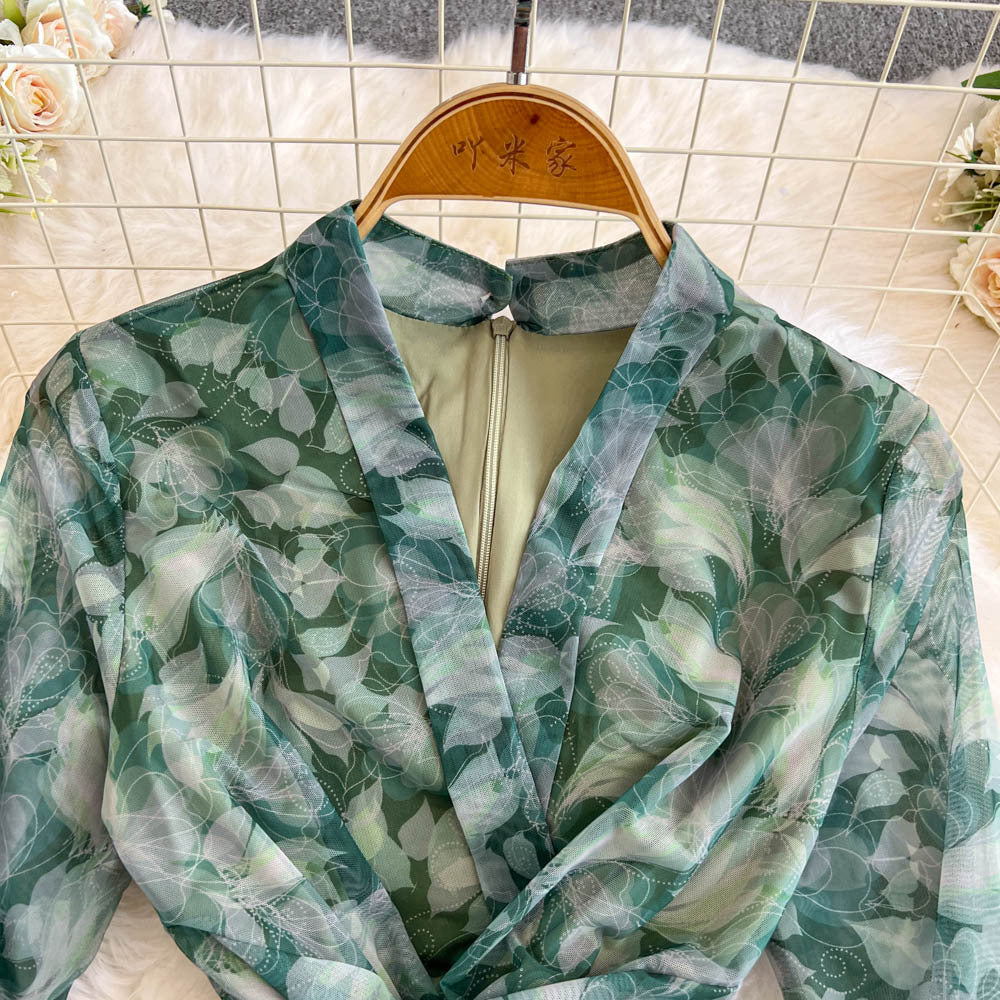 Women French Style Long-Sleeved V-Neck Lace-Up Maxi Print Bodycon Dress 13