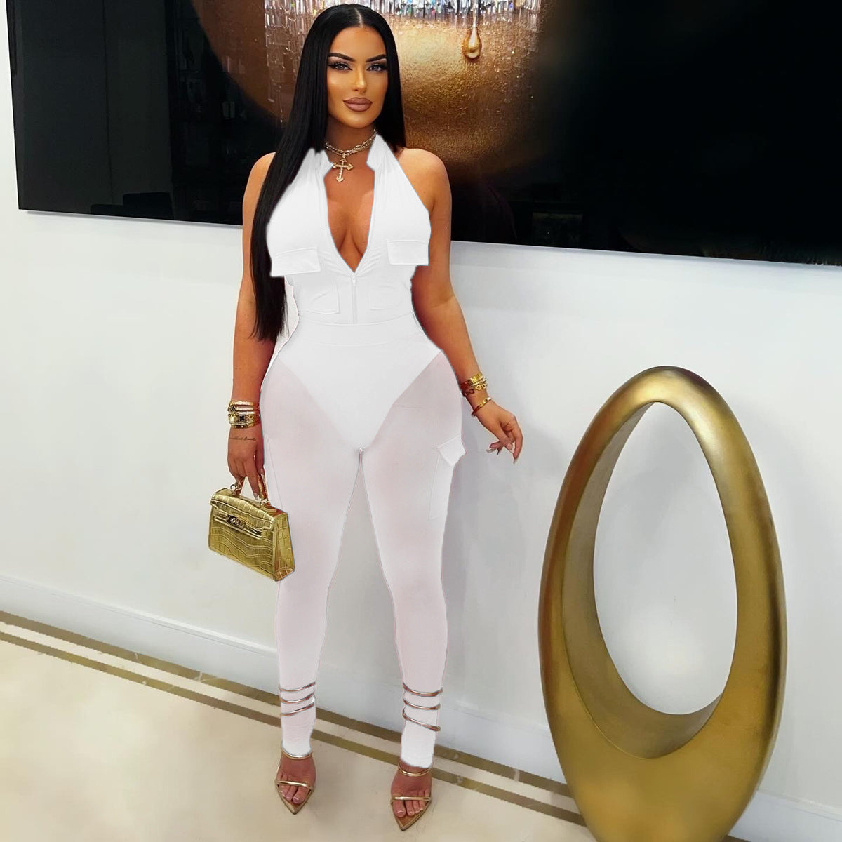 Summer Deep V-Neck Sleeveless Tight-Fitting Bodysuit Pocket Mesh Pants Set 6