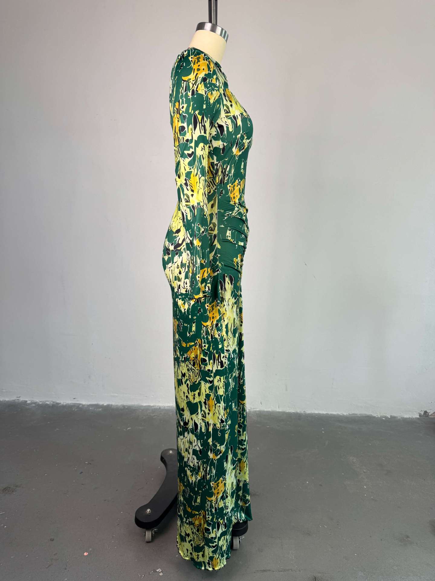 Women's Spring Print Hollow Neck Long-Sleeve High-Waist Slim Long Dress 5