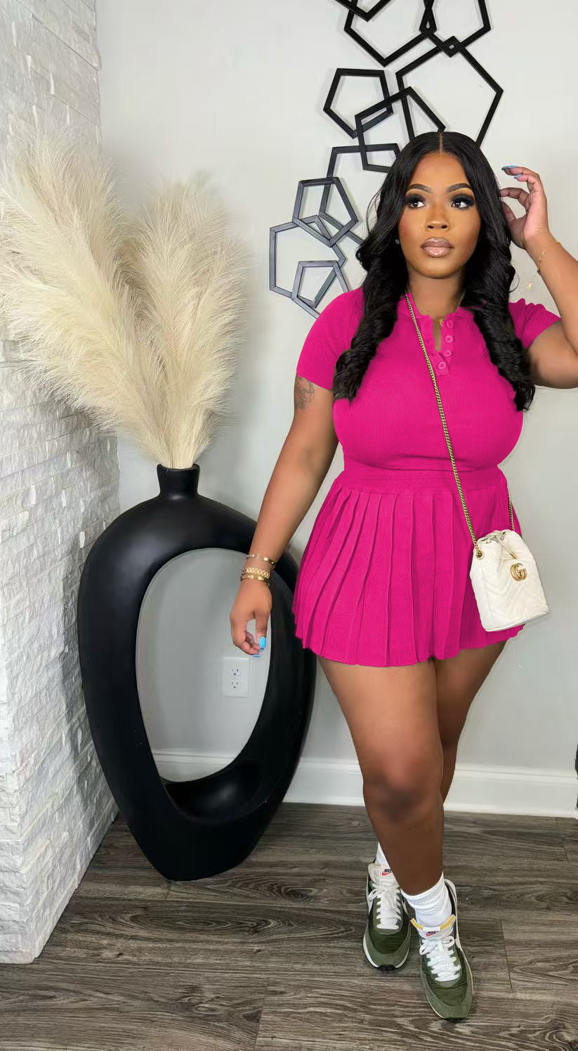 Women's Autumn Winter Turndown Collar Knit Top Pleated Skirt Set 4