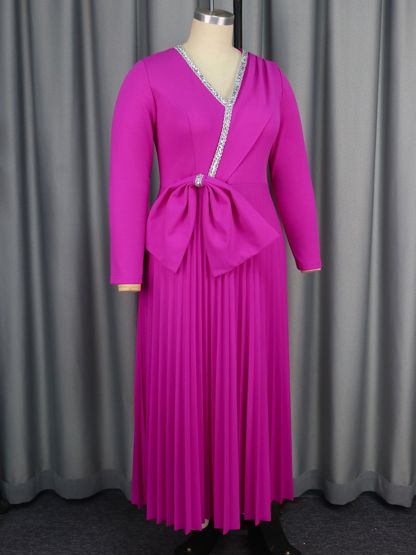 Women autumn and winter diamond v-neck bow party formal party pleated dress 12